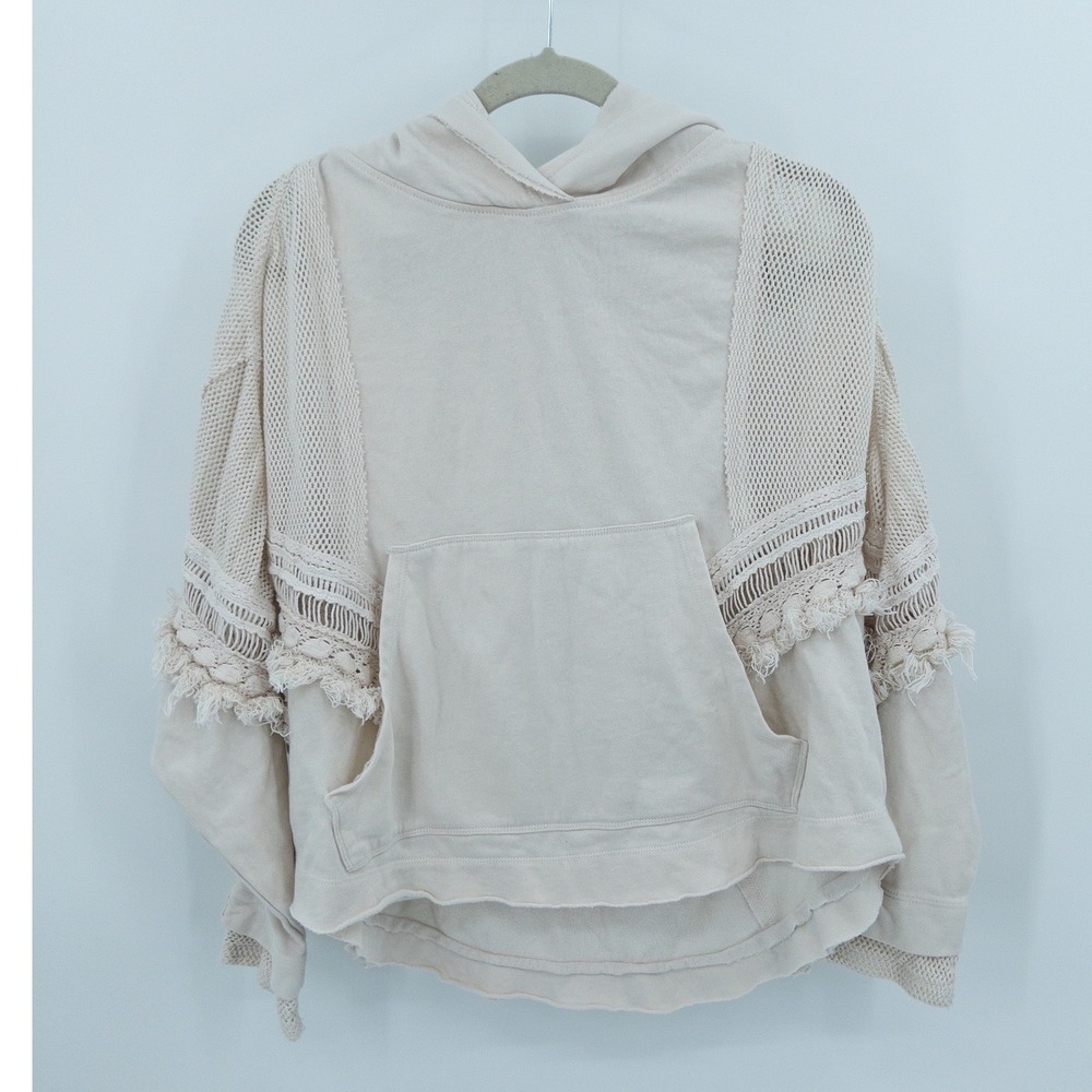 FP Movement Free People Crochet Trim Hoodie Cream Beige Boho Mesh Fringe XS